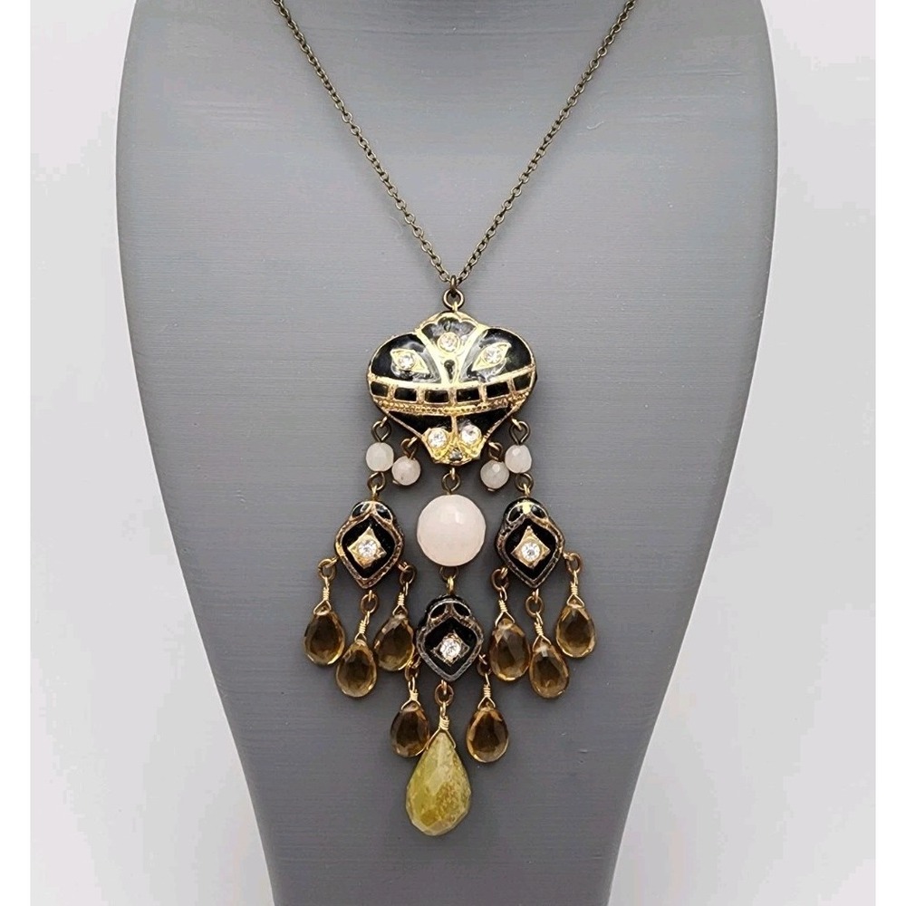 David Aubrey Chandelier Pendant Necklace Black Enamel Rhinestone Pink Stone Drop
